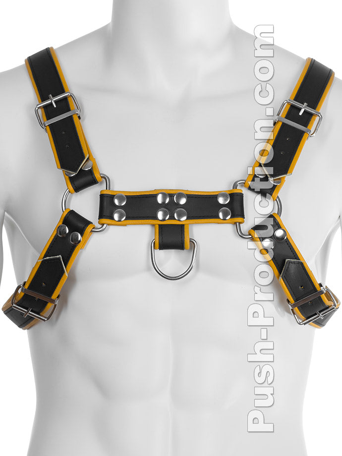 Echtledergeschirr BDSM Top Harness - Schwarz/Gelb
