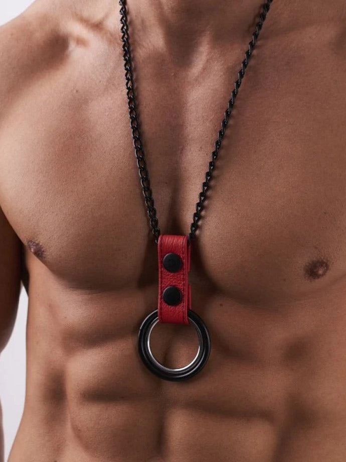 Black Metal Necklace with Cockrings - Red Leather