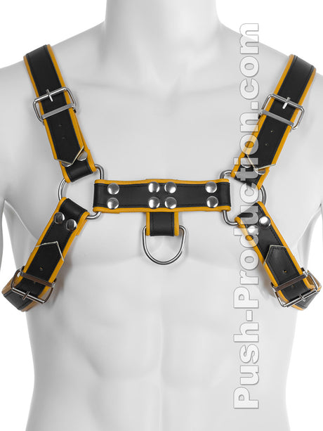 Echtledergeschirr BDSM Top Harness - Schwarz/Gelb