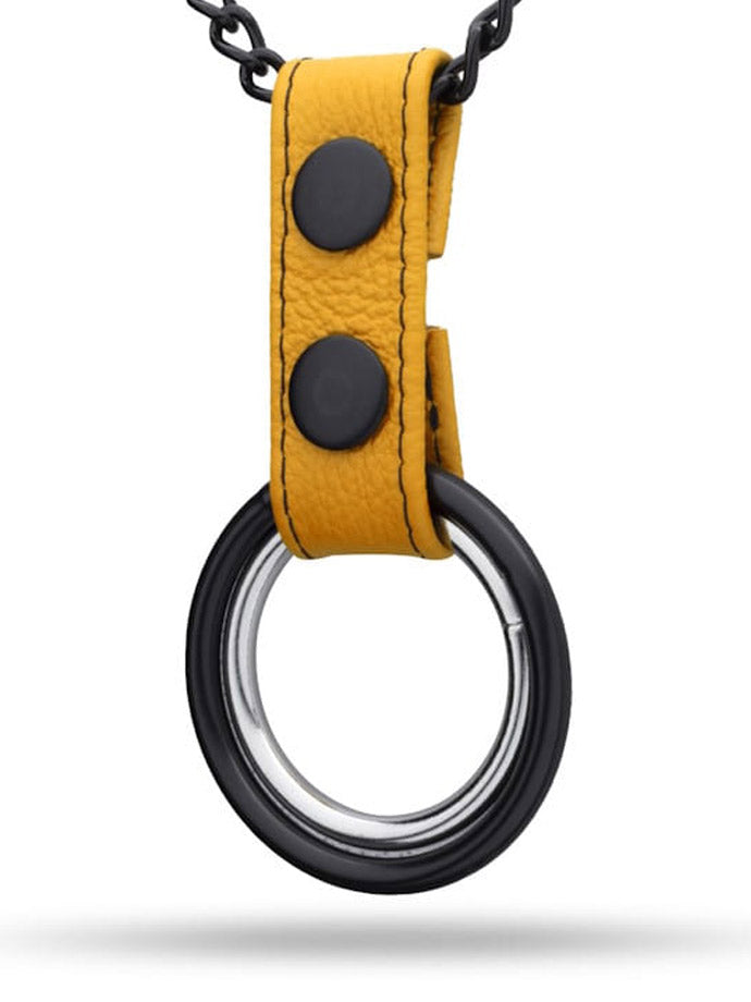 Black Metal Necklace with Cockrings - Yellow Leather